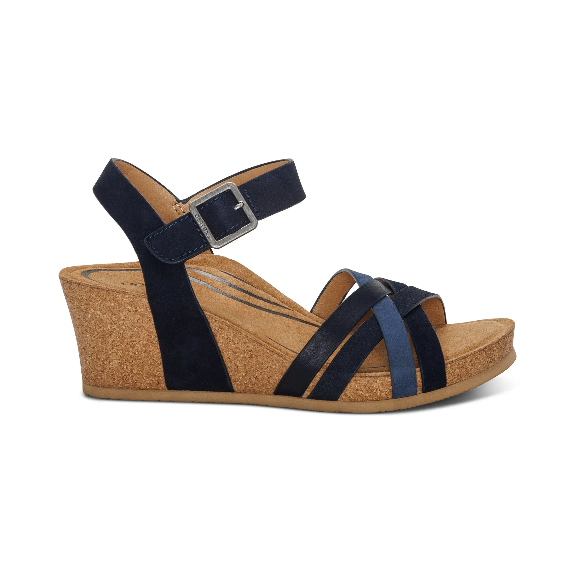 Aetrex Women's Navy Multi Cork Wedge Sandal - Noelle