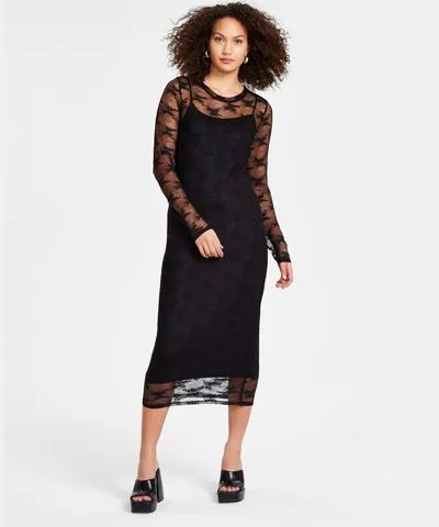 Bar III Women's Lace Long-Sleeve Crewneck Midi Dress