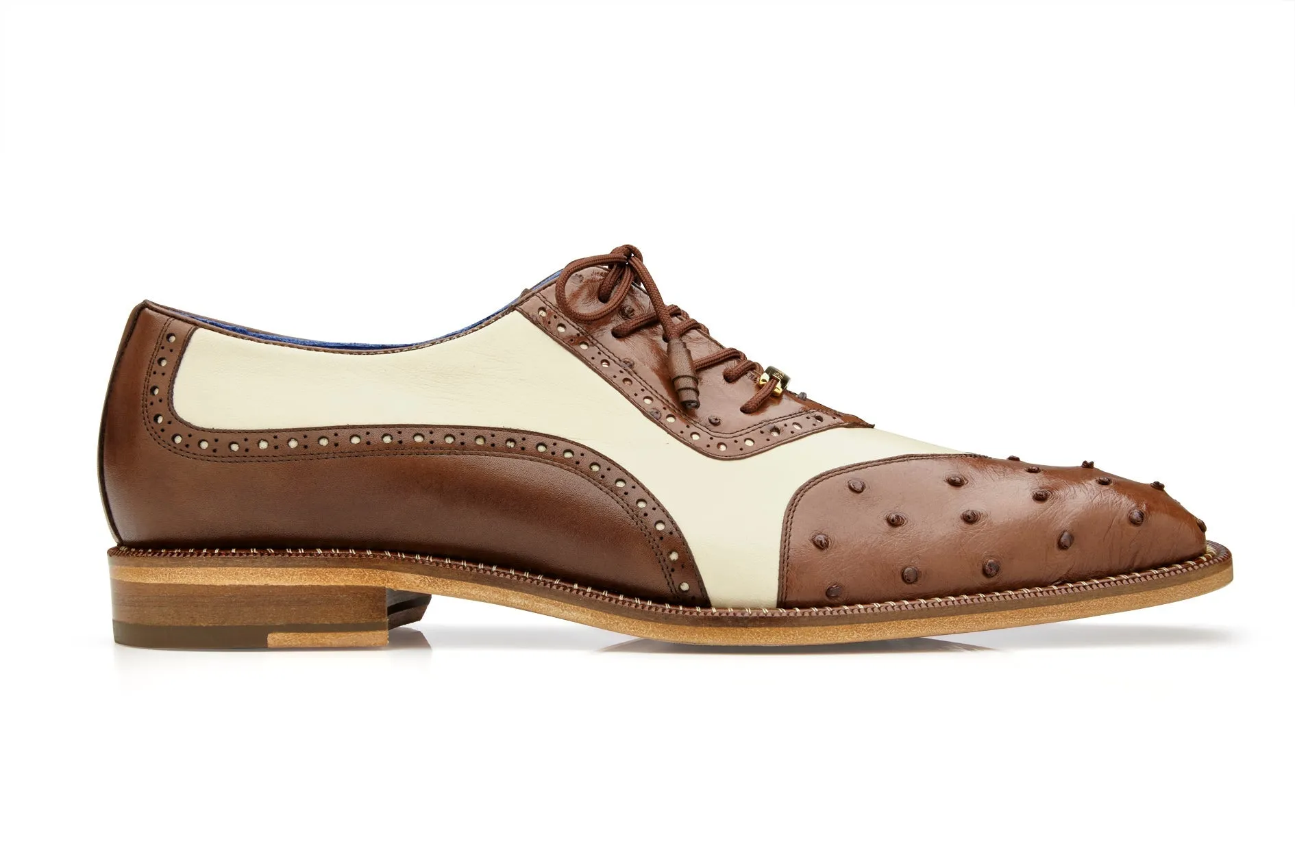 Belvedere Sesto Brown/Cream Wing Tip Dress Shoe R54 - Genuine Ostrich Quill and Italian Leather