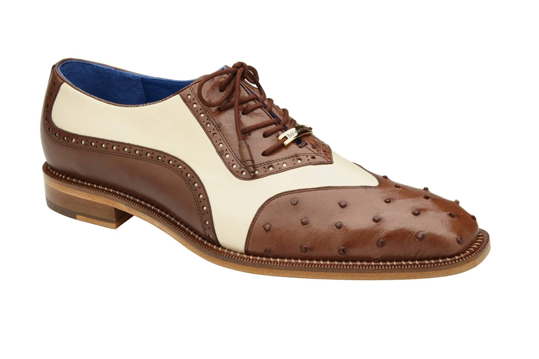 Belvedere Sesto Brown/Cream Wing Tip Dress Shoe R54 - Genuine Ostrich Quill and Italian Leather