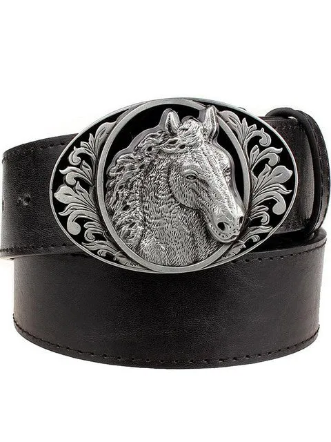 black leather belt horse pattern animal belts cowboy style men's jeans belt punk rock accessories