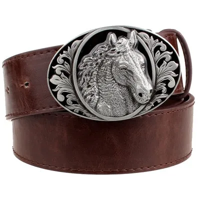 black leather belt horse pattern animal belts cowboy style men's jeans belt punk rock accessories