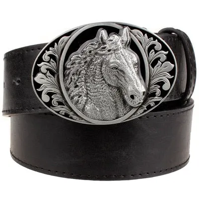 black leather belt horse pattern animal belts cowboy style men's jeans belt punk rock accessories