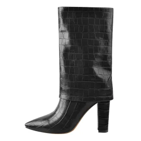 Black pointed toe stone chunky heels winter boots