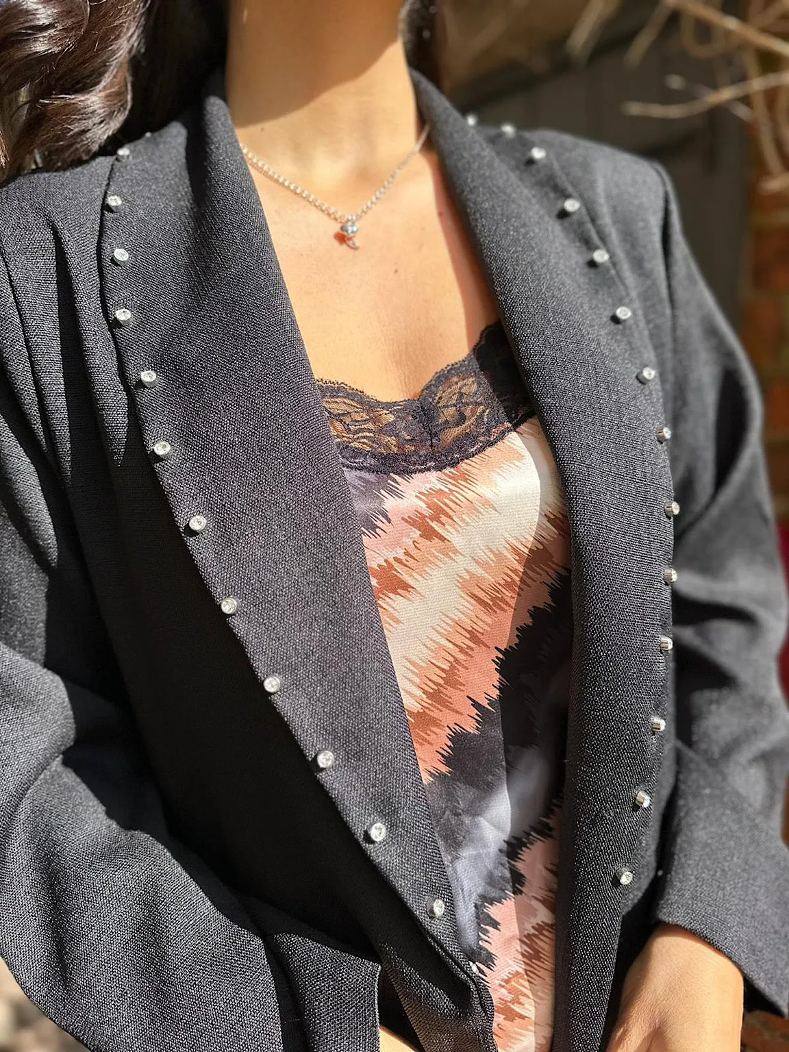 Black Studded Blazer - Becky is wearing a Diamante