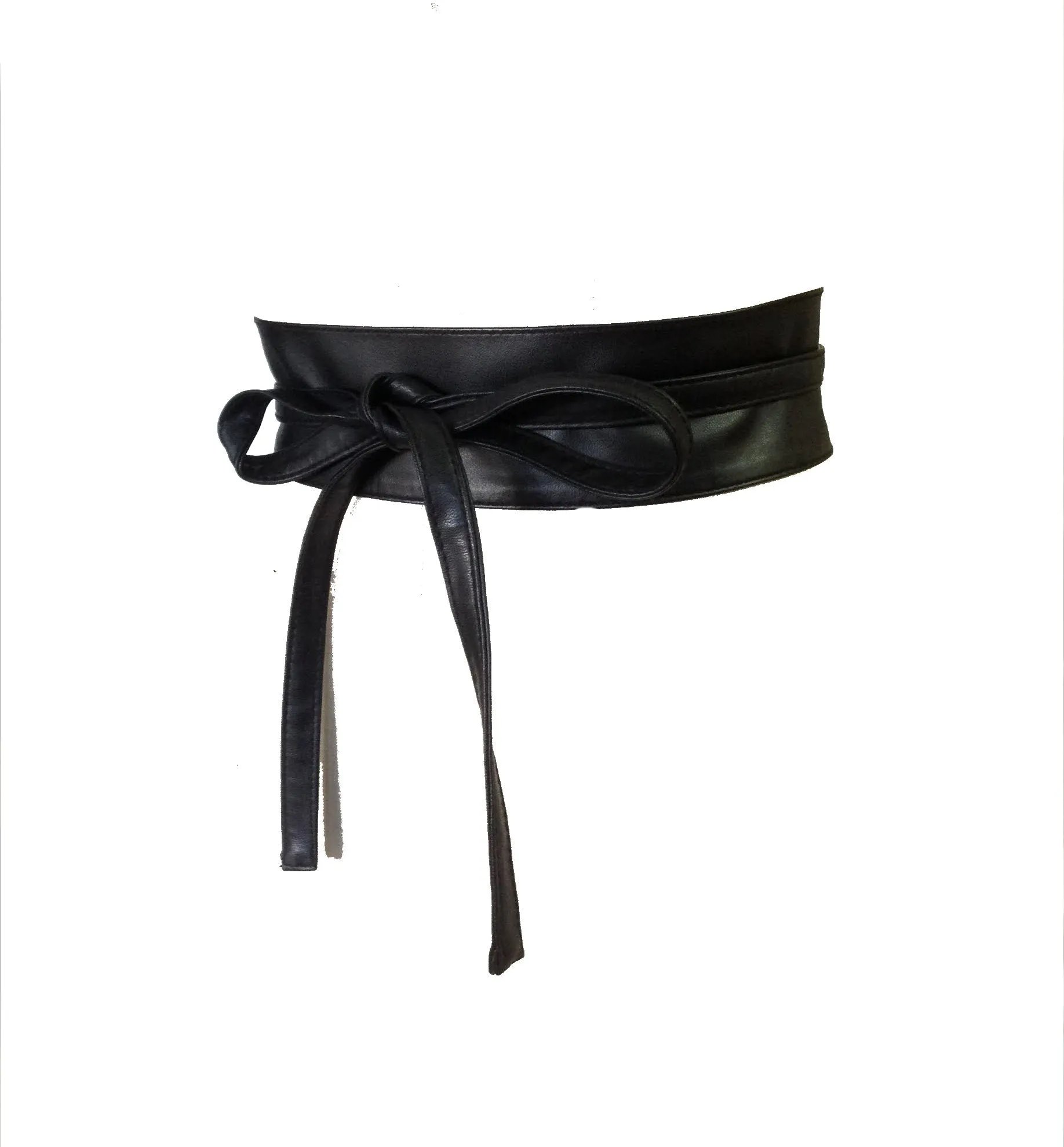 Black vegan leather obi tie waist clincher belt with stretch waistband.