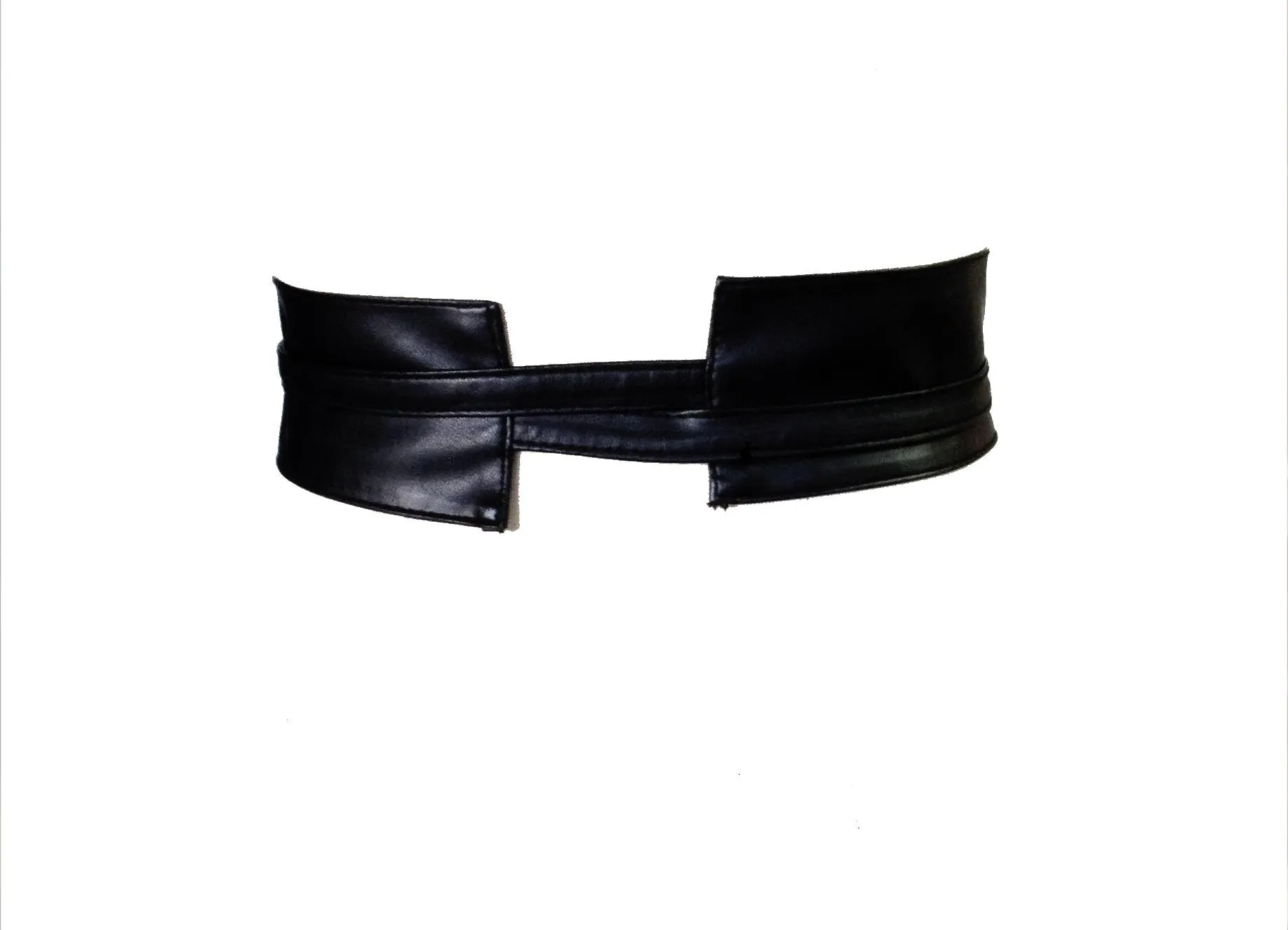 Black vegan leather obi tie waist clincher belt with stretch waistband.