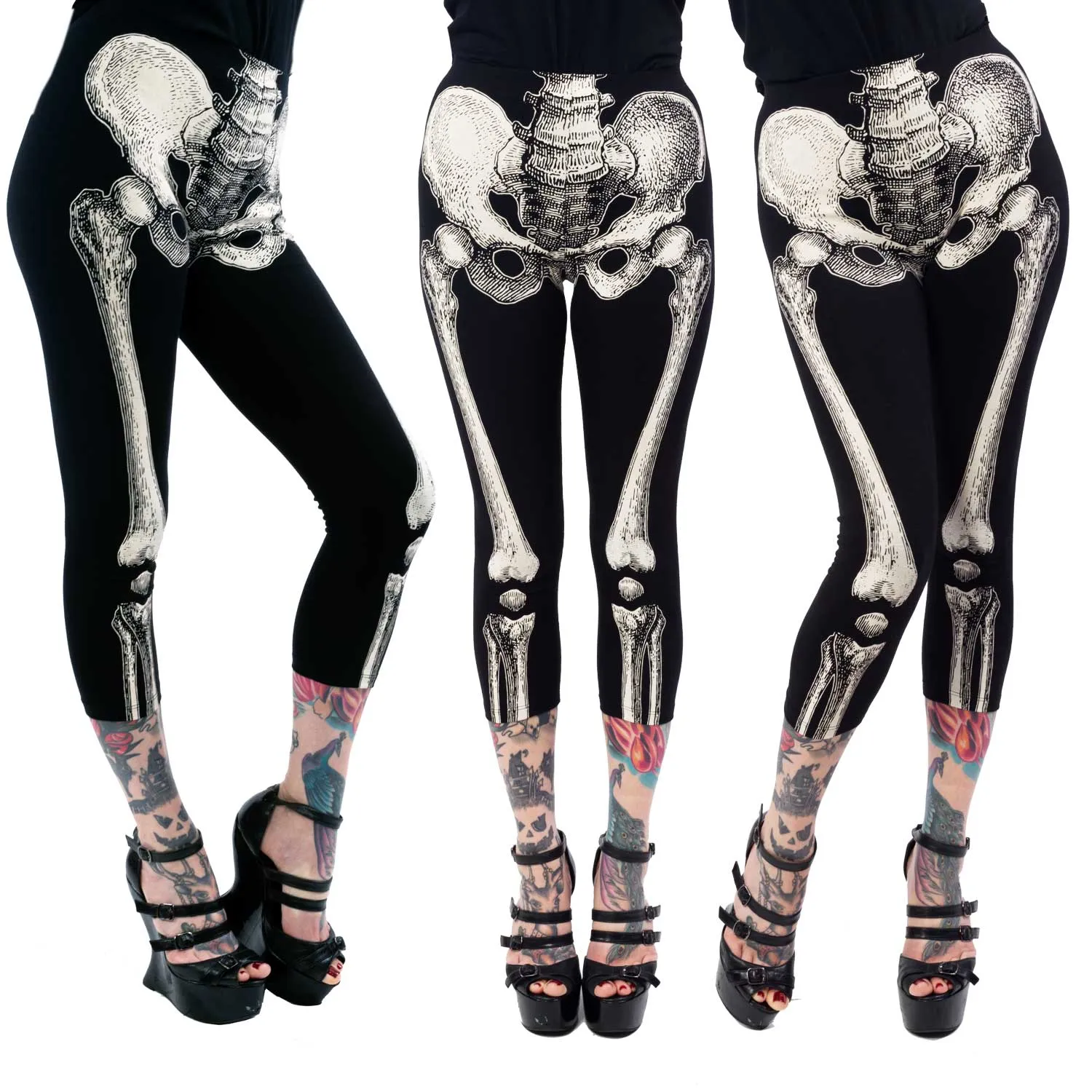 Capris-Skele-Bone White: Light Bone Capris with Skeleton Print