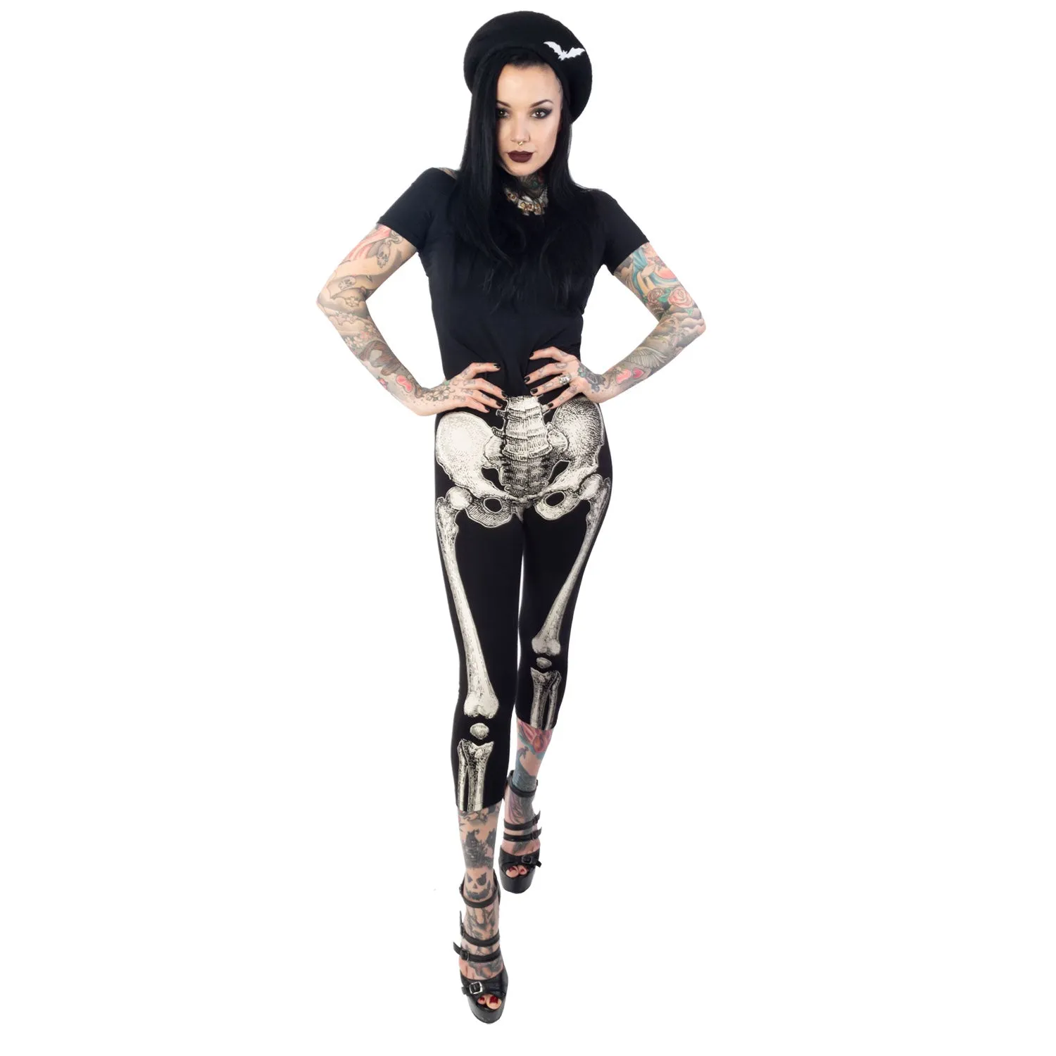 Capris-Skele-Bone White: Light Bone Capris with Skeleton Print