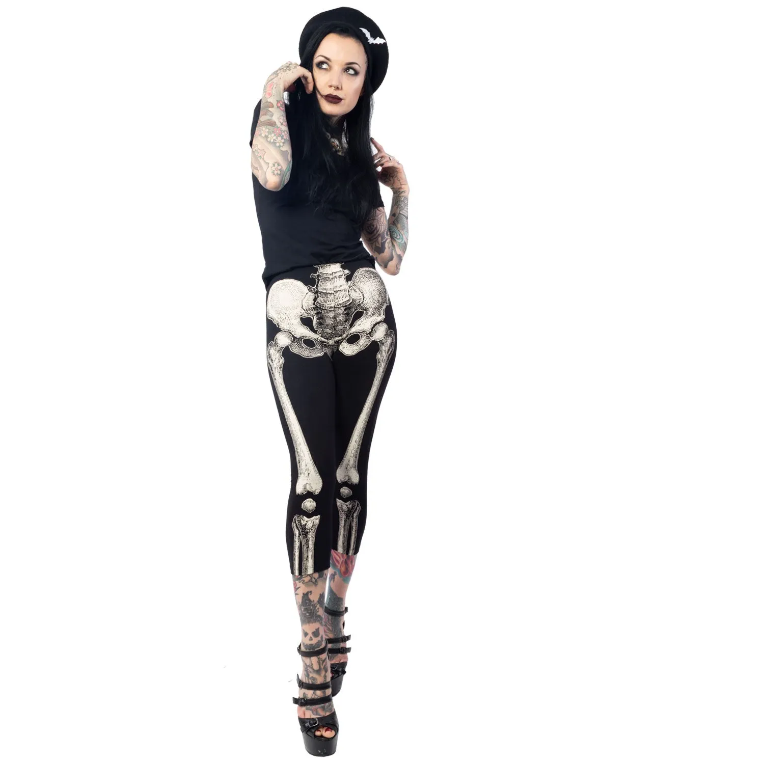 Capris-Skele-Bone White: Light Bone Capris with Skeleton Print