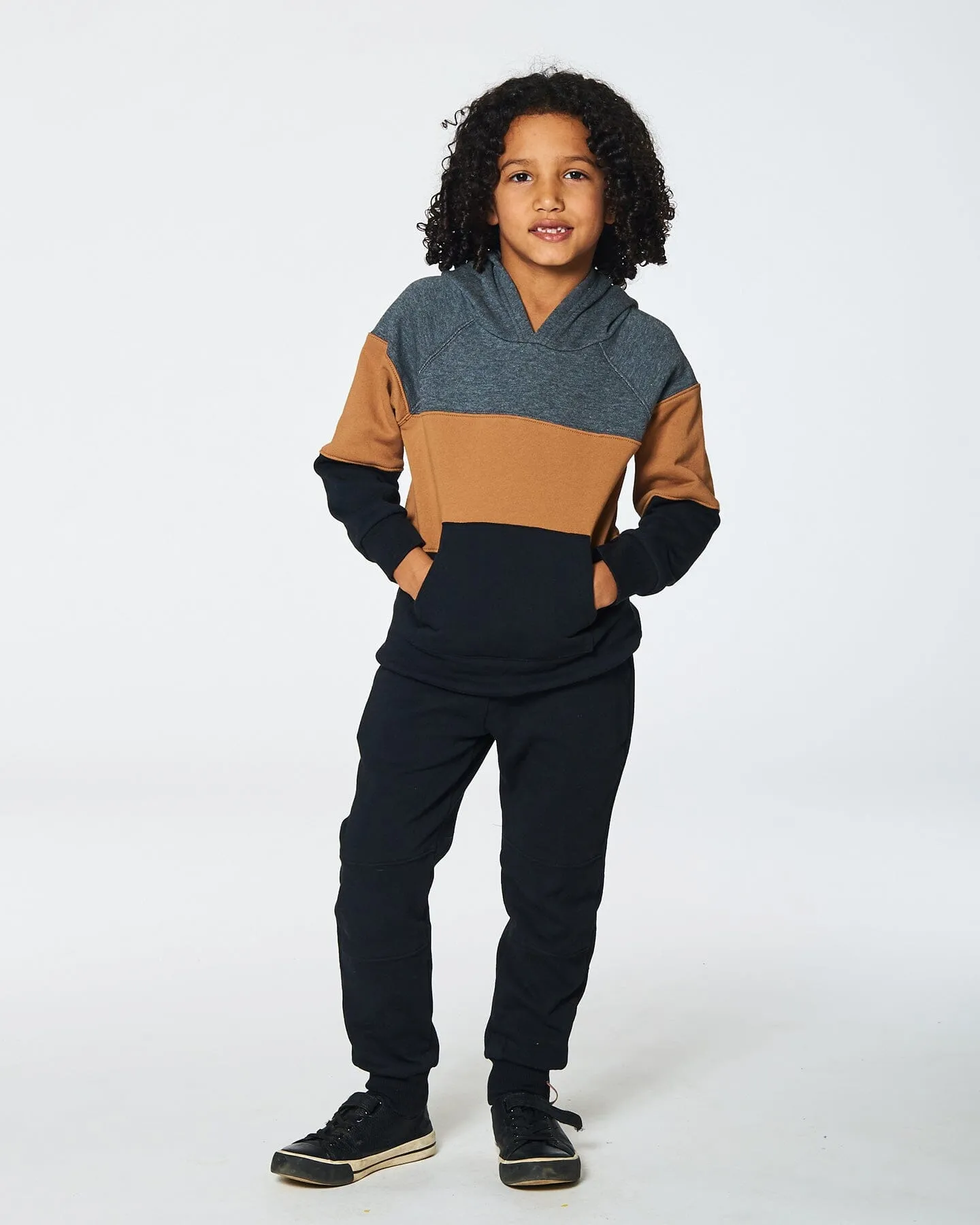 Colorblock Hooded Fleece Sweatshirt Dark Gray, Caramel And Black