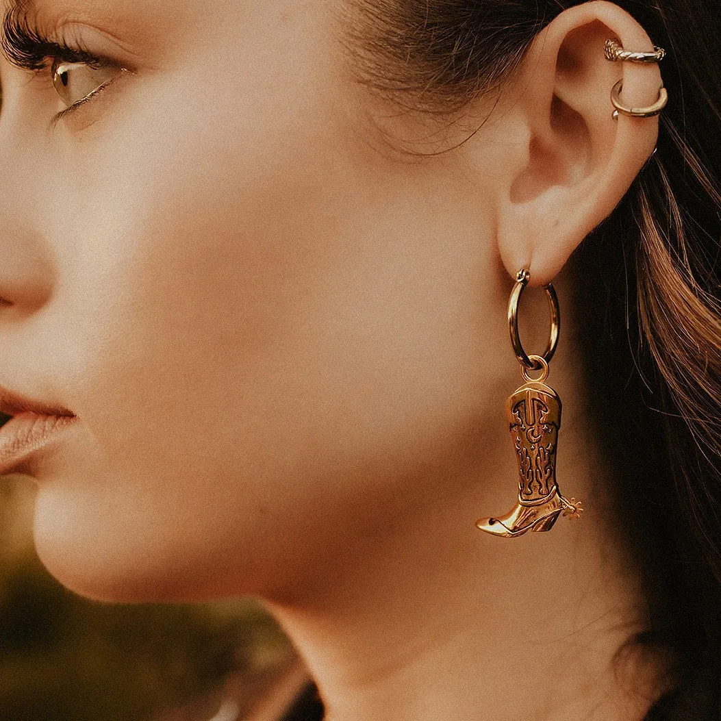 Cowboy Boot Earrings, Gold Hoop, Hoedown