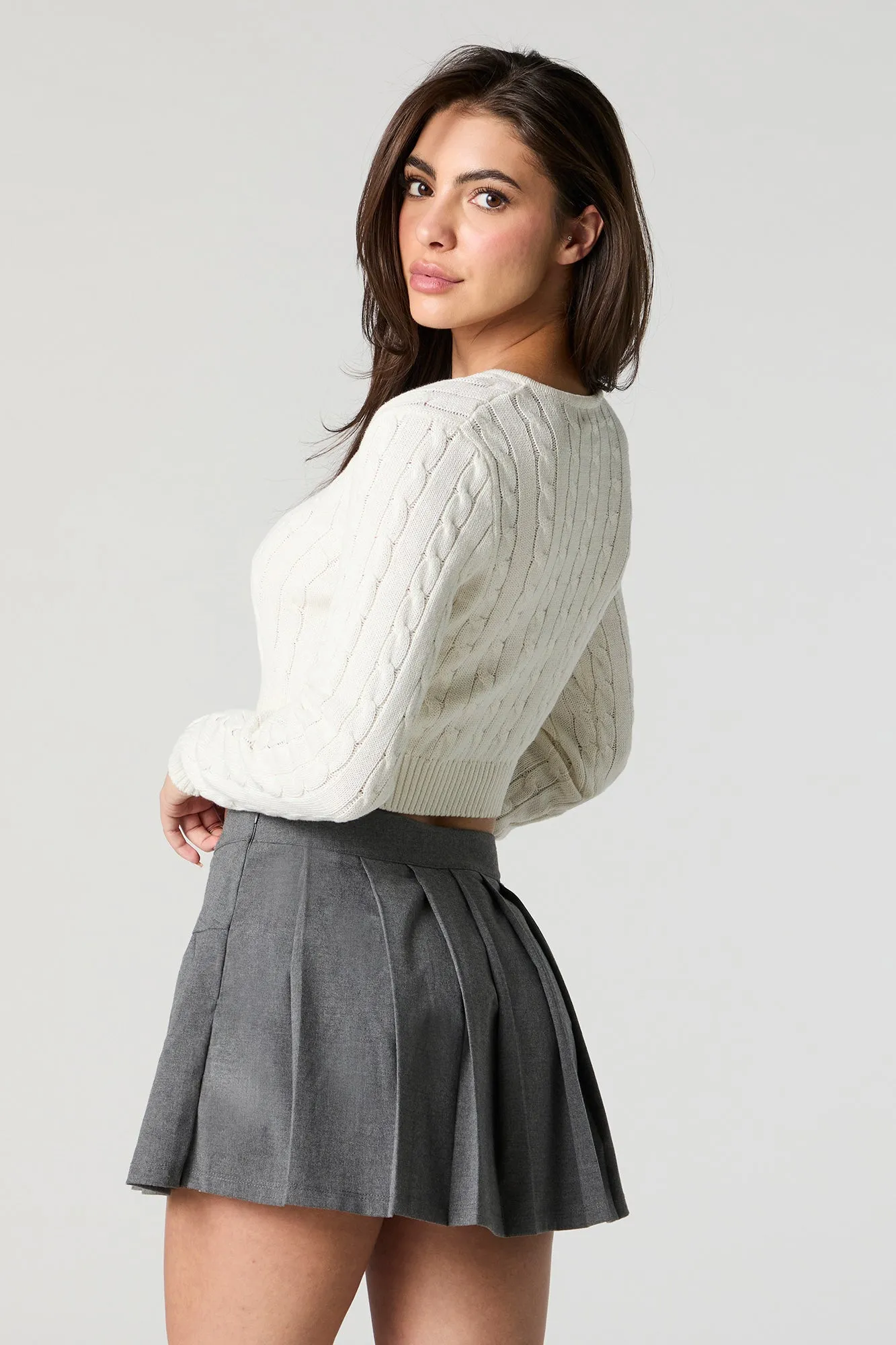 Cropped Cable Knit Button-Front Cardigan