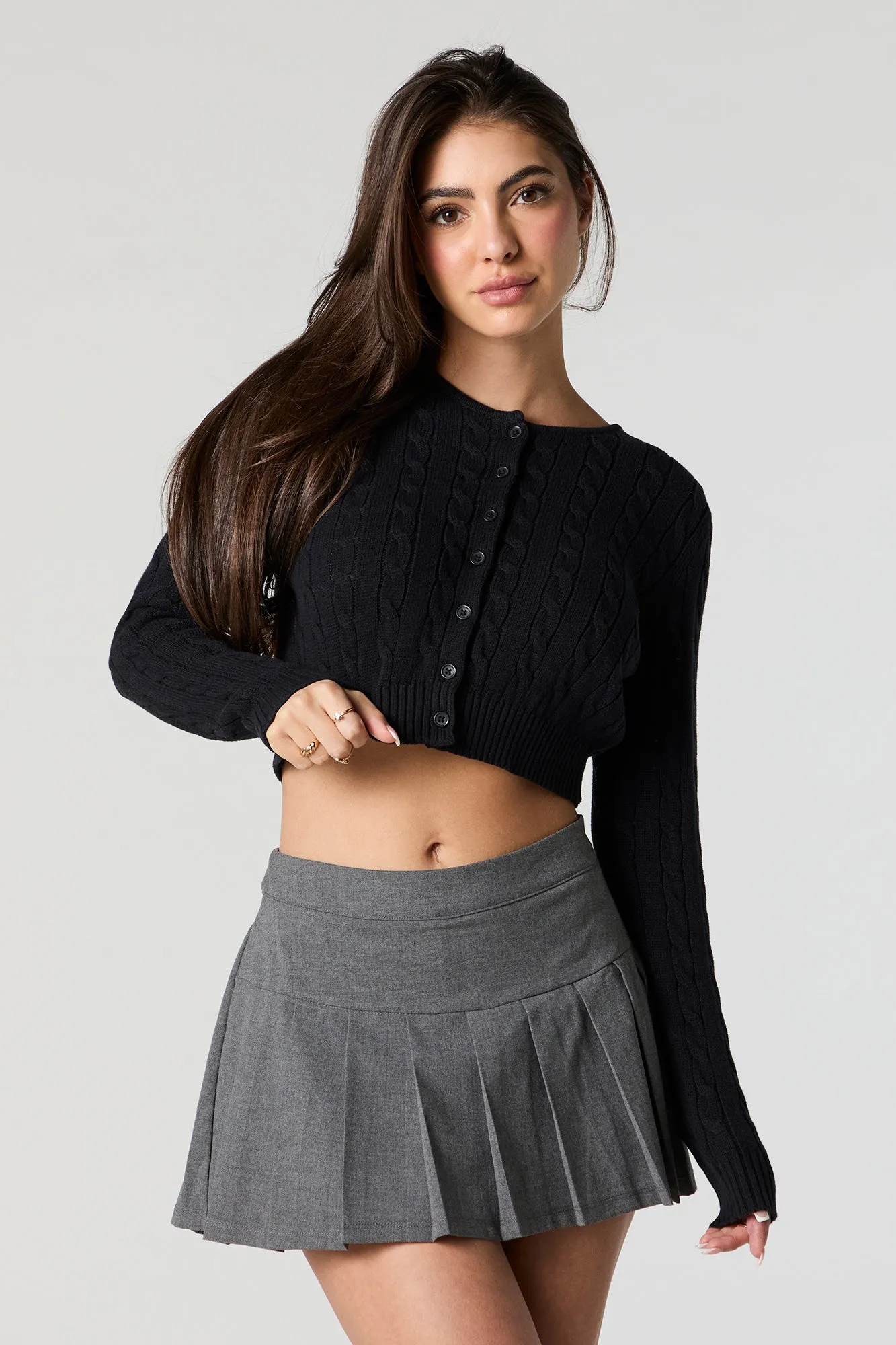 Cropped Cable Knit Button-Front Cardigan