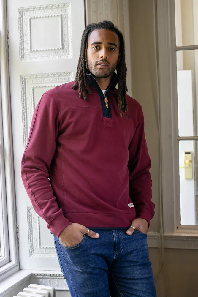 D555 Mens Burgundy Pique Fleece Sweatshirt With 1/4 Zip (HIRALDO)