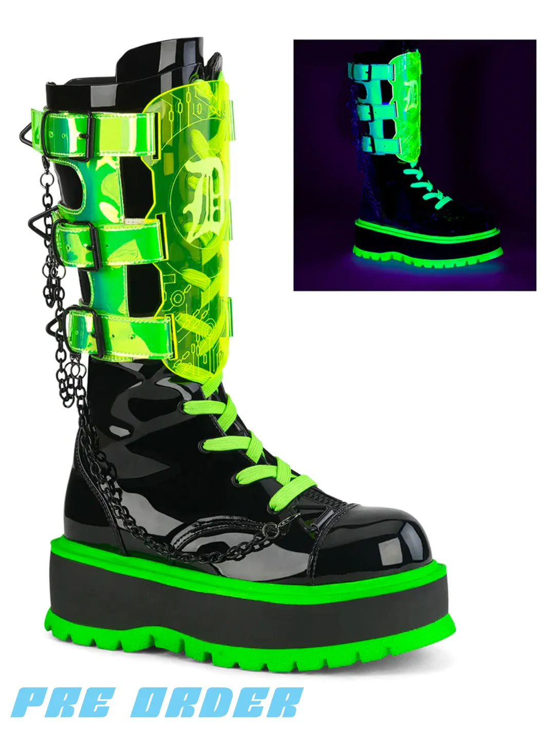 DEMONIA SLACKER-156 - BLACK PATENT and UV NEON GREEN PRE-ORDER