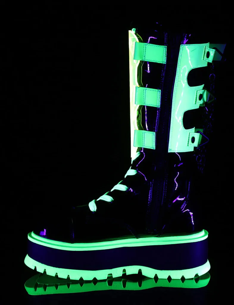 DEMONIA SLACKER-156 - BLACK PATENT and UV NEON GREEN PRE-ORDER