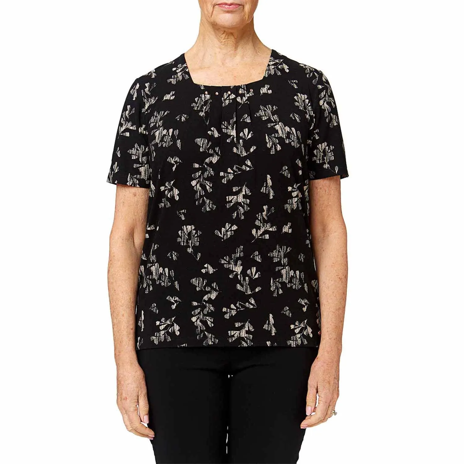 Embellished Leaf Print Black Top