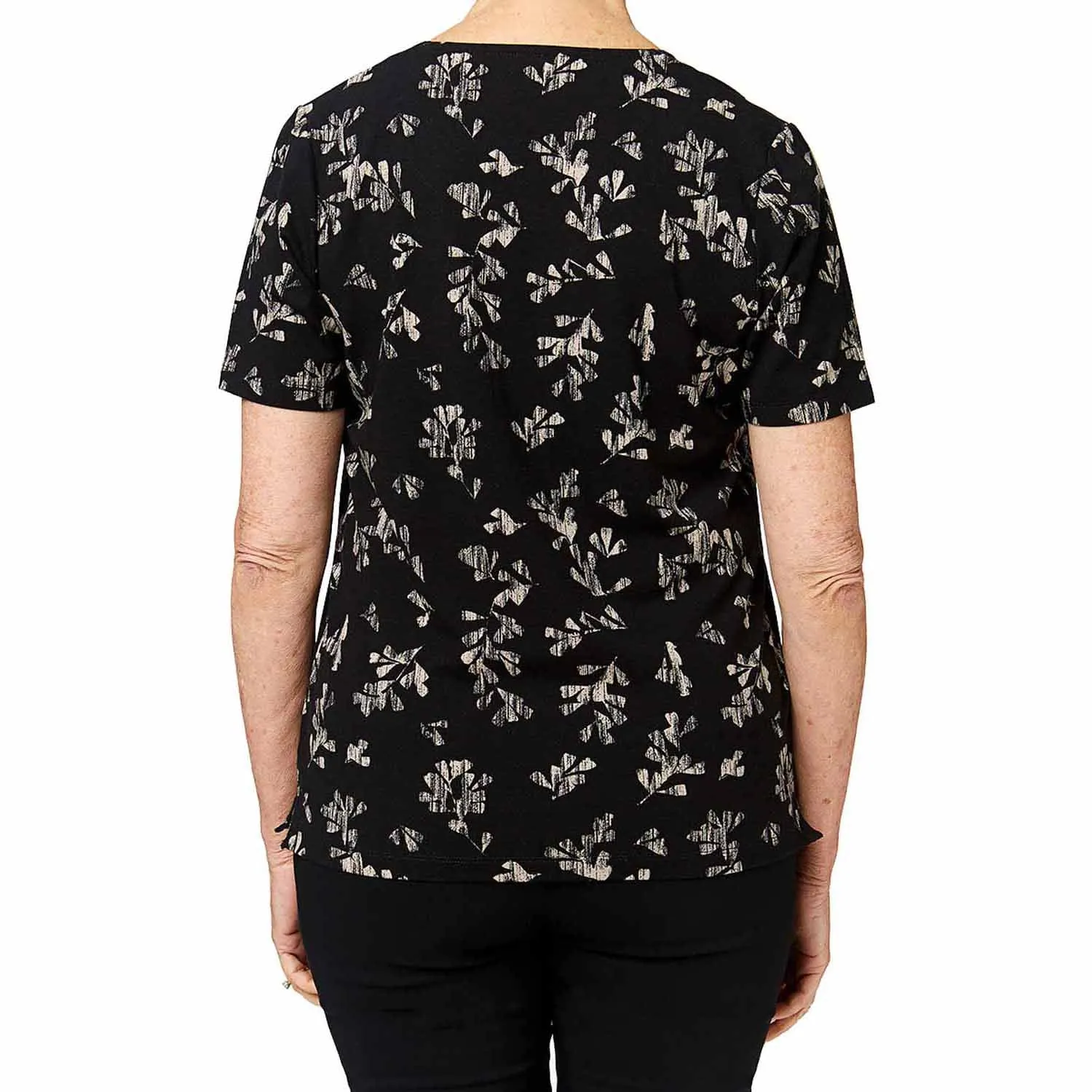 Embellished Leaf Print Black Top