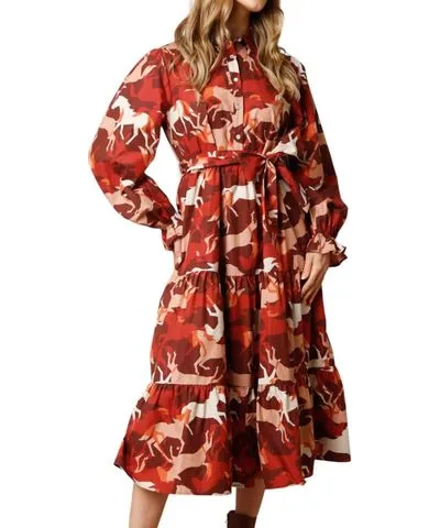 FANTASTIC FAWN Poplin Maxi Shirt Dress In Horse Print