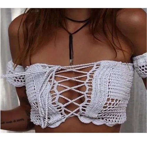 Fashion New Cross Straps Hollow Wrap Chest Swimsuit Knitted Bikini Top