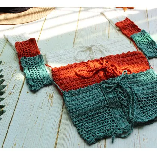 Fashion New Cross Straps Hollow Wrap Chest Swimsuit Knitted Bikini Top