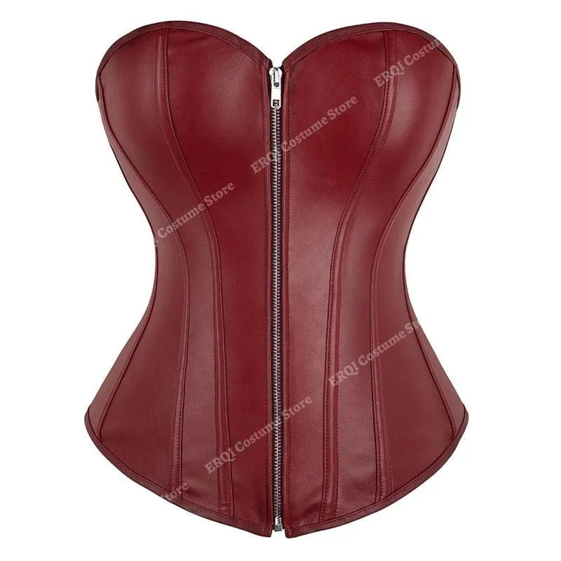 faux leather corset sexy clubwear bustier hot lingerie zipper costume lace-up waist cincher