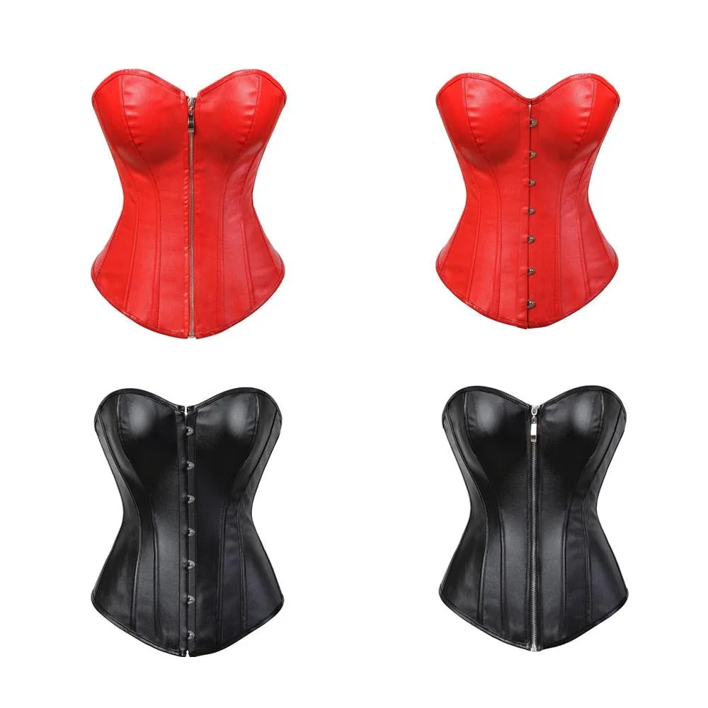 faux leather corset sexy clubwear bustier hot lingerie zipper costume lace-up waist cincher