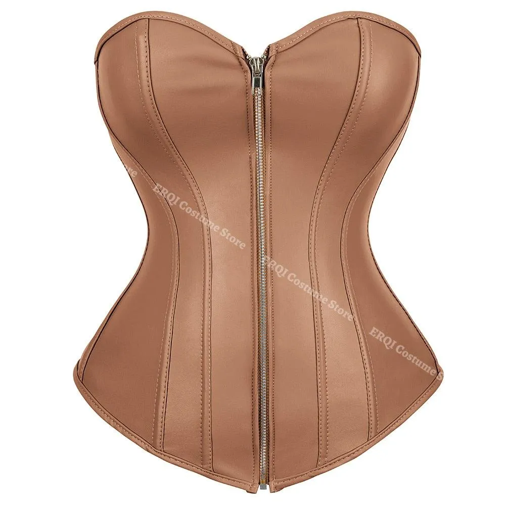 faux leather corset sexy clubwear bustier hot lingerie zipper costume lace-up waist cincher