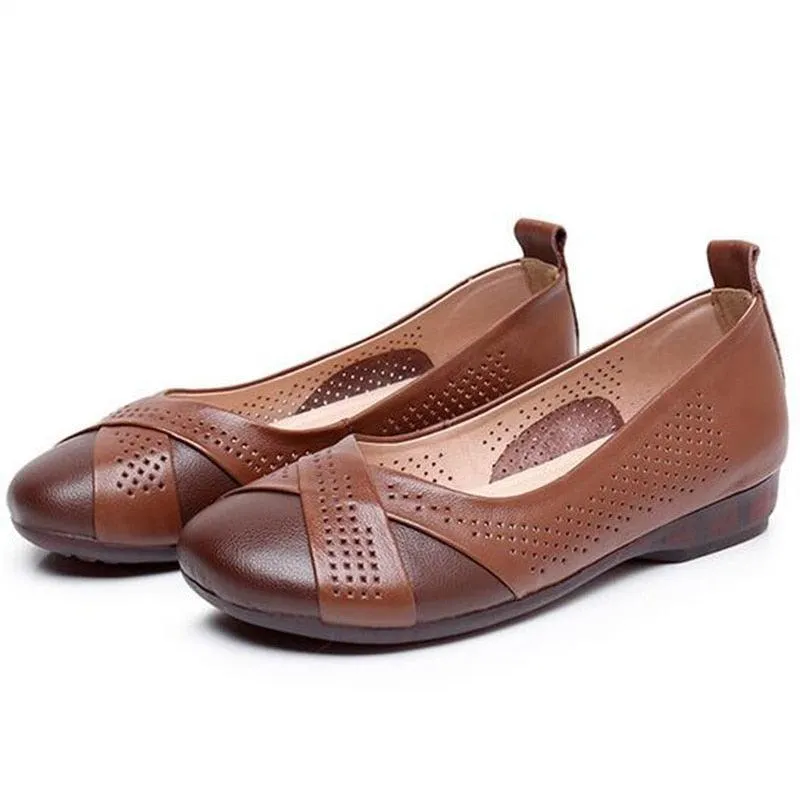 GQ241 Hollow Leather Loafers - Comfortable Flats Casual Shoes