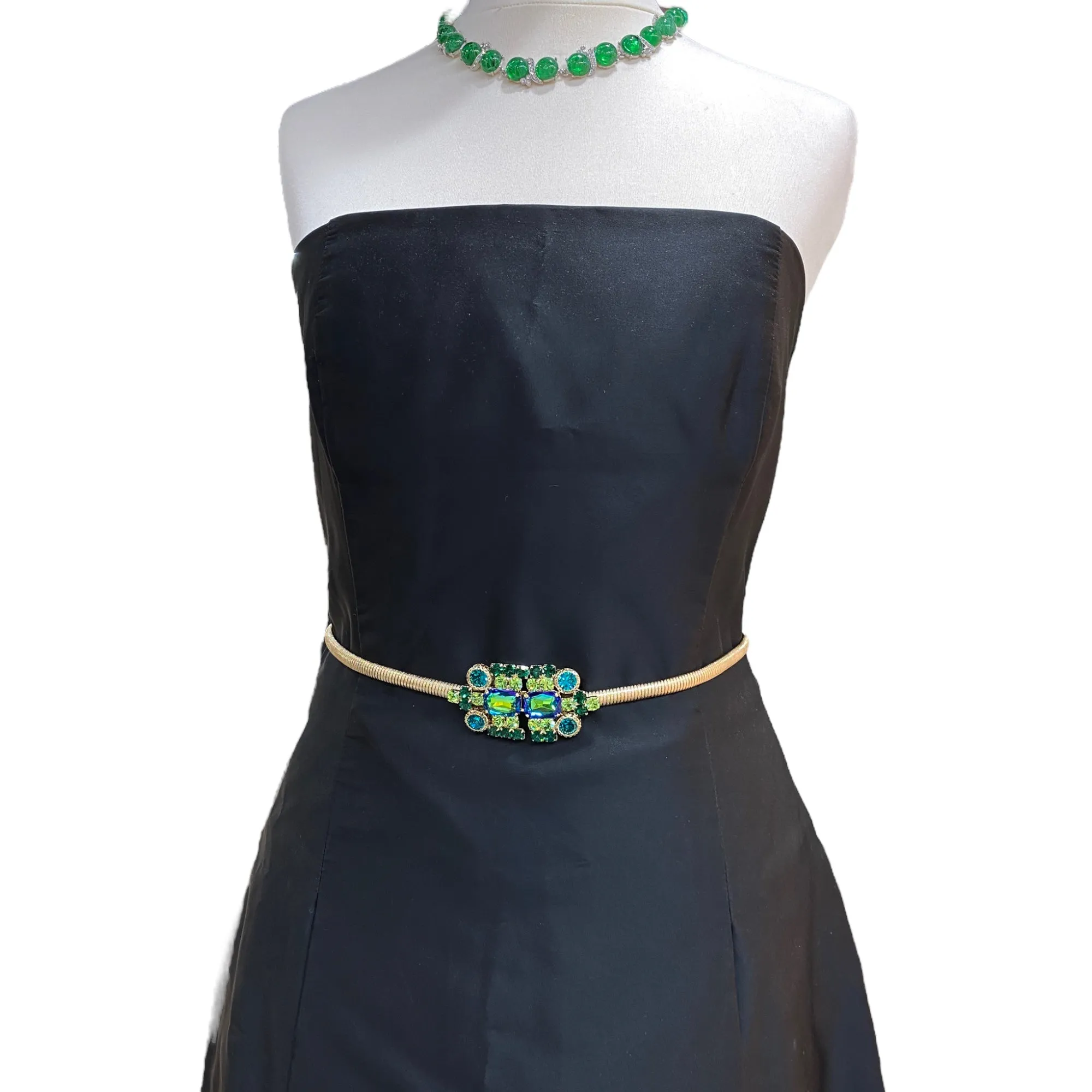 Green jewel buckle thin slightly elastic metal mesh Lucrezia belt.