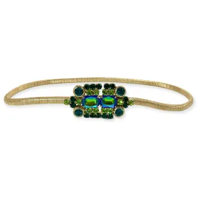 Green jewel buckle thin slightly elastic metal mesh Lucrezia belt.