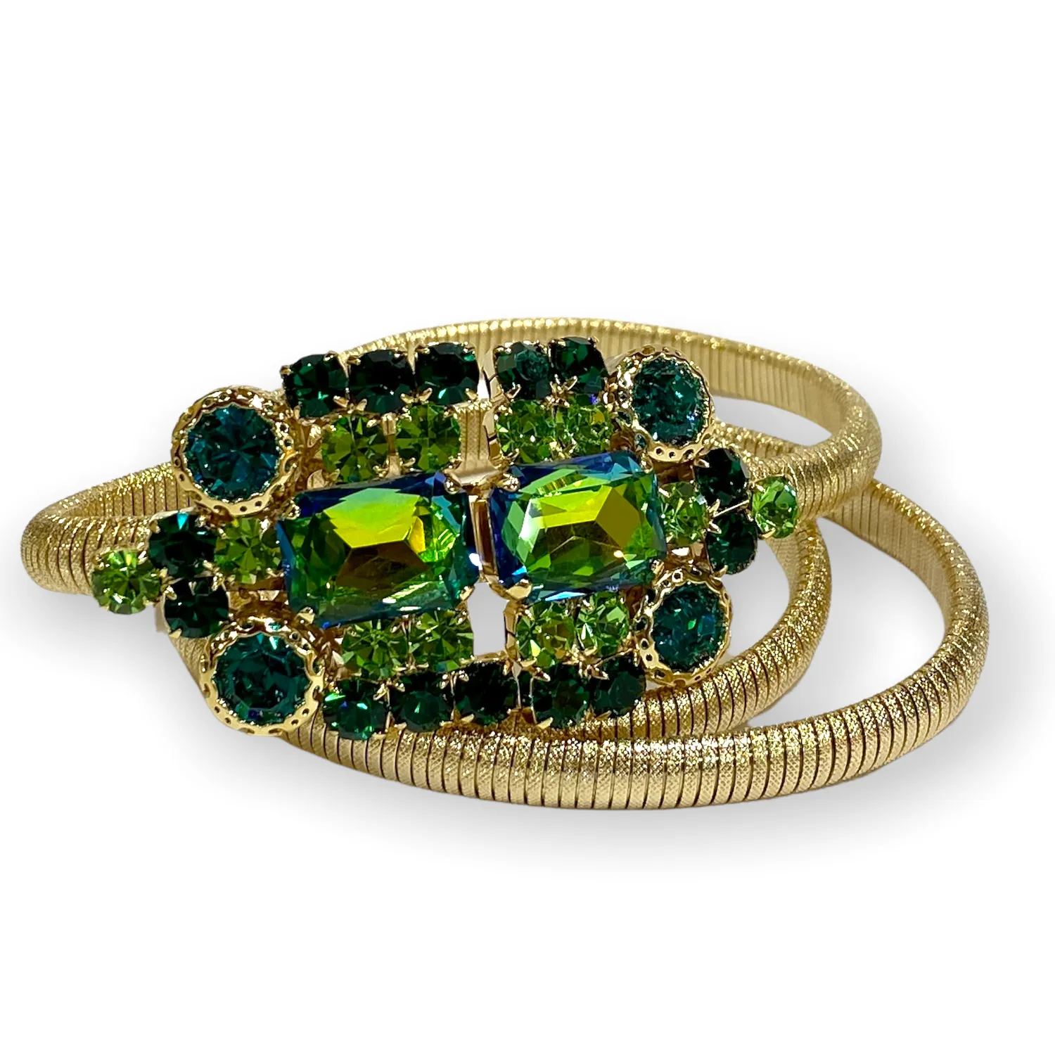 Green jewel buckle thin slightly elastic metal mesh Lucrezia belt.