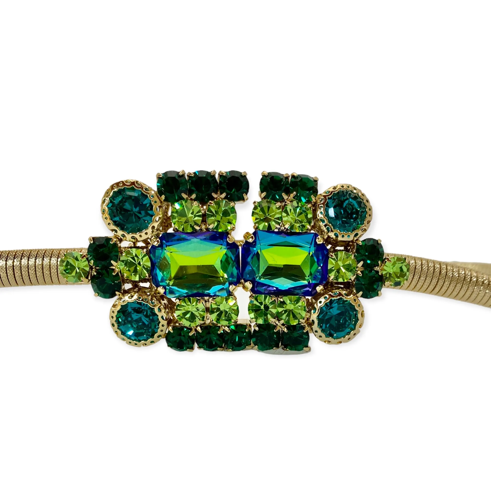 Green jewel buckle thin slightly elastic metal mesh Lucrezia belt.