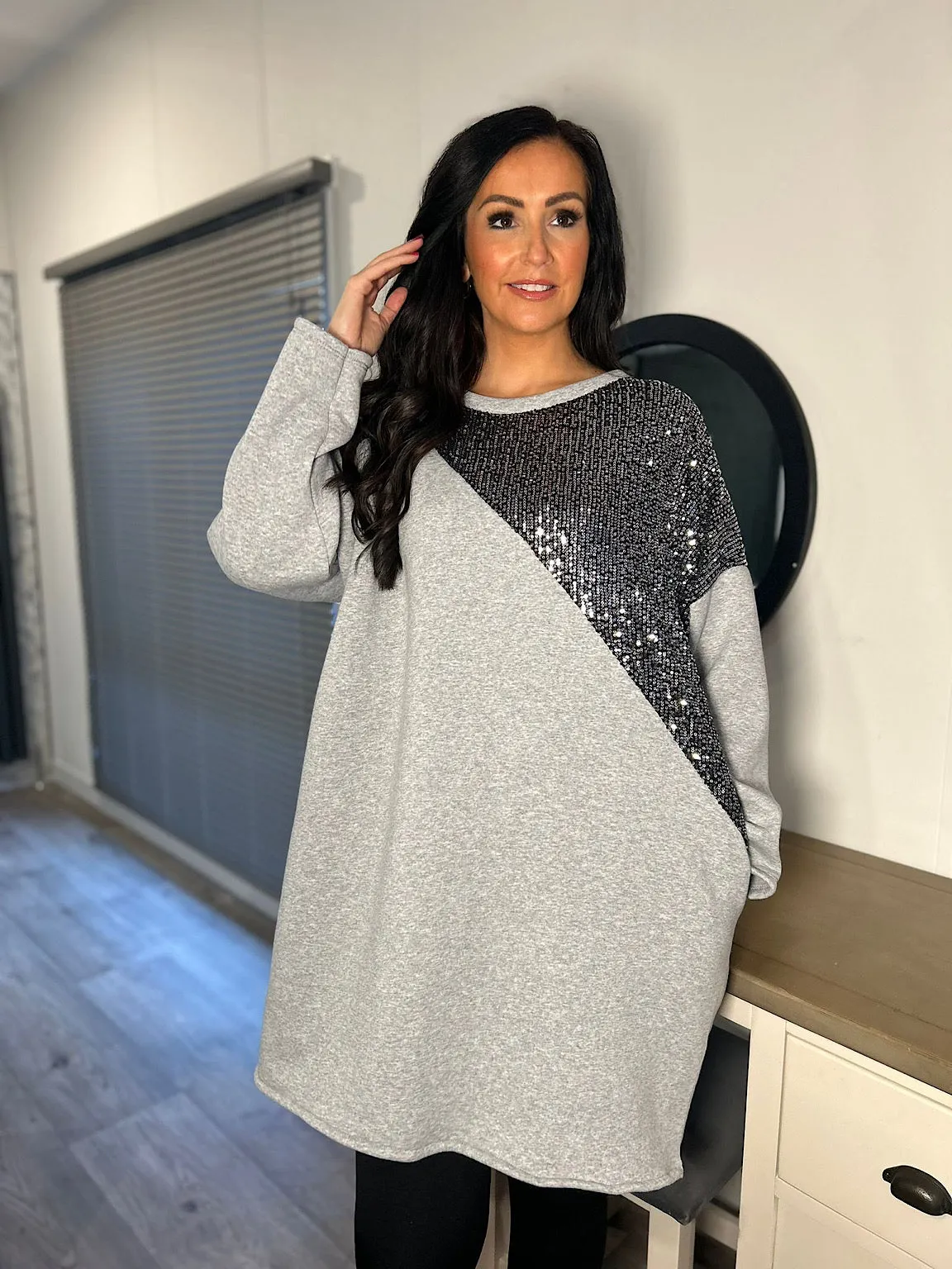 Grey Sequin Shoulder Dress - Olivia