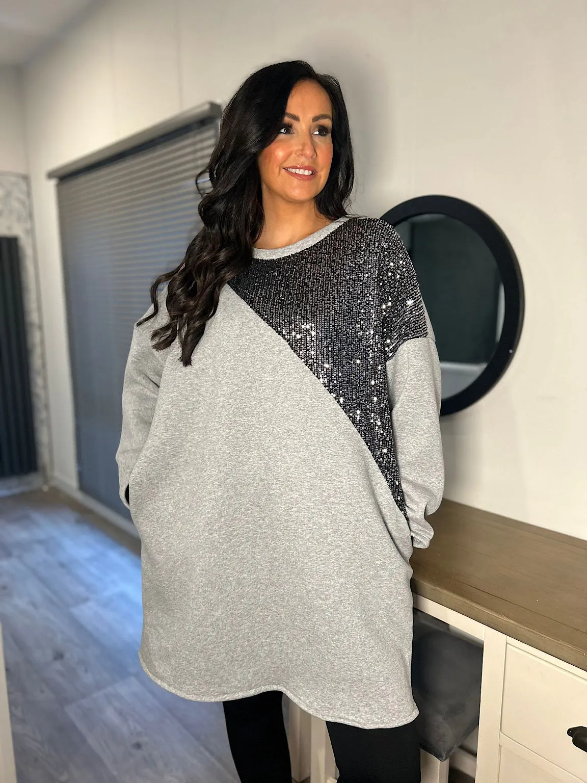 Grey Sequin Shoulder Dress - Olivia