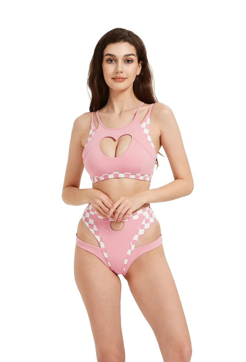 Hamade Activewear Heart Cutout Top Checkered Light Pink