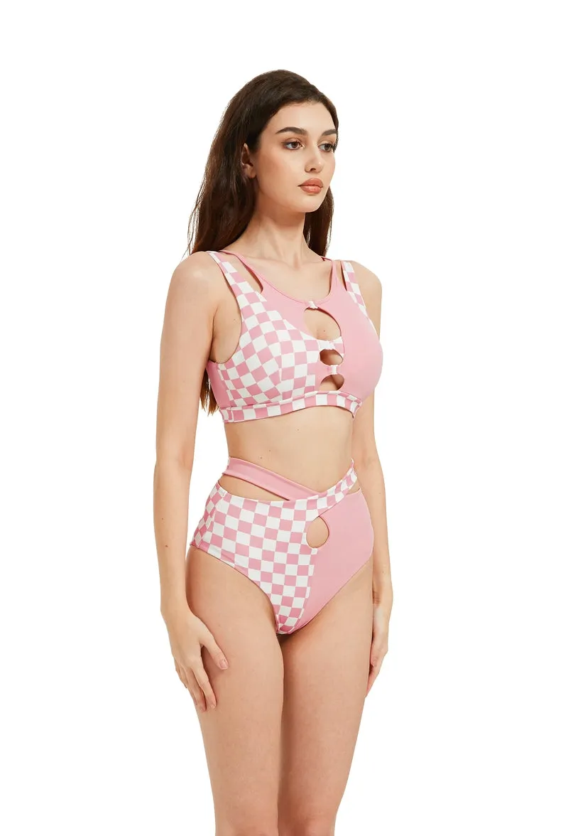 Hamade Activewear Pink Checkered Hollow Front Top