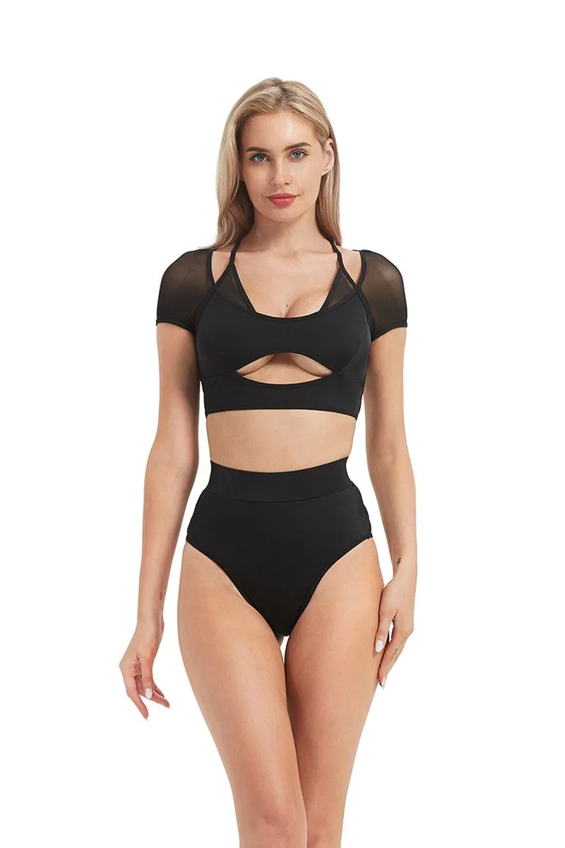 Hamade black crop top with mesh hollow front.