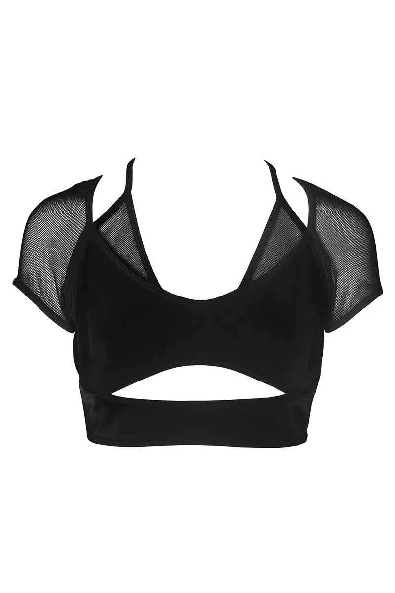 Hamade black crop top with mesh hollow front.