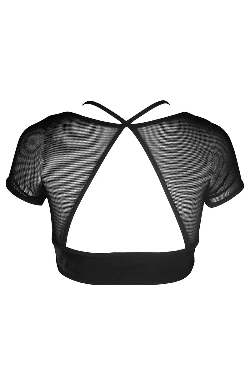 Hamade black crop top with mesh hollow front.