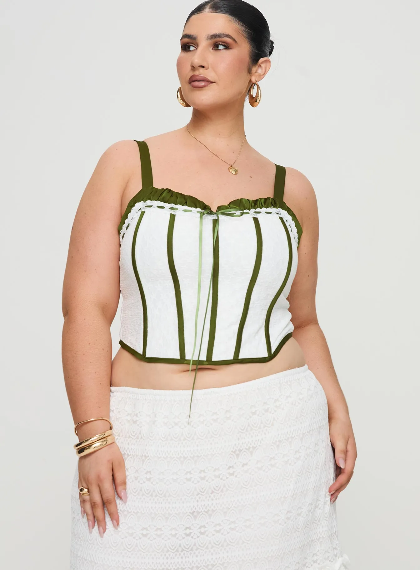 Jiraia Lace Corset Top - White/Green - Curvy