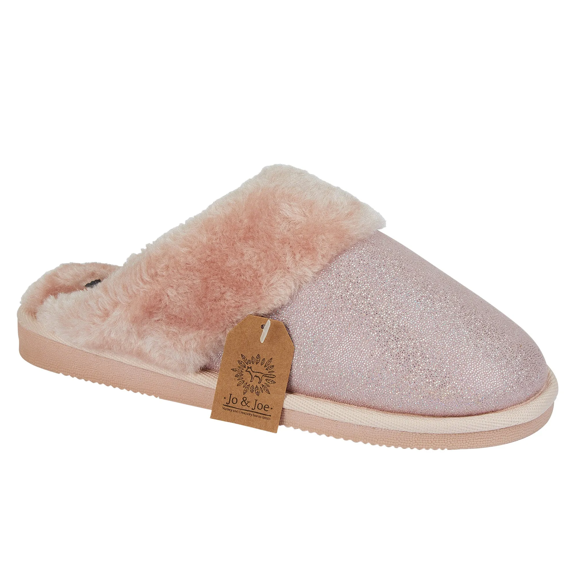 Ladies Bedroom Fleece Trim Mule Slippers Slip On - Pink Shimmer