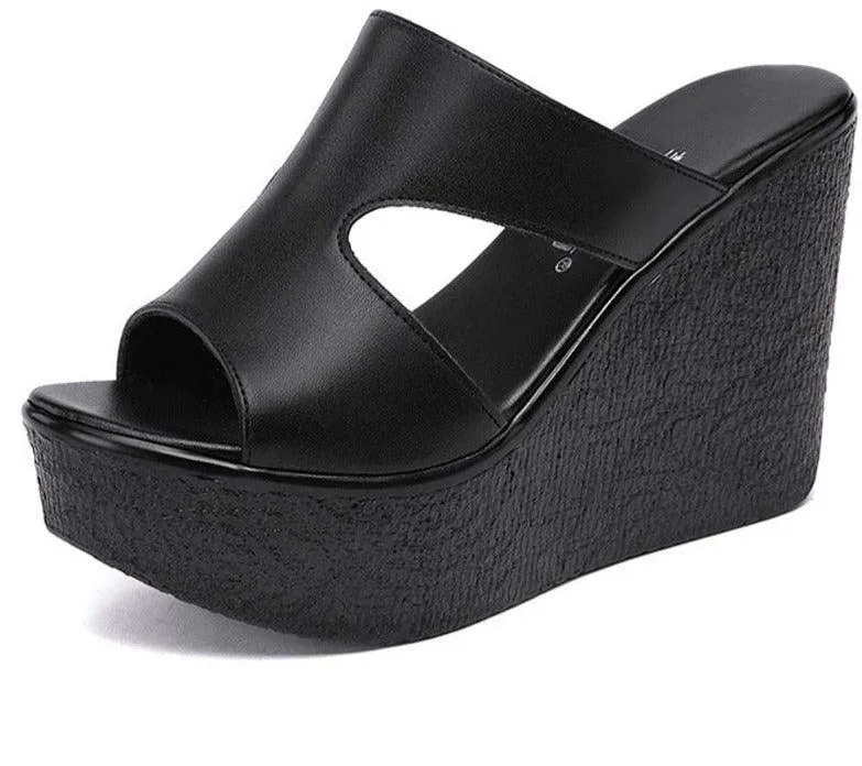 Leather Wedge Sandals with Slip-on Design