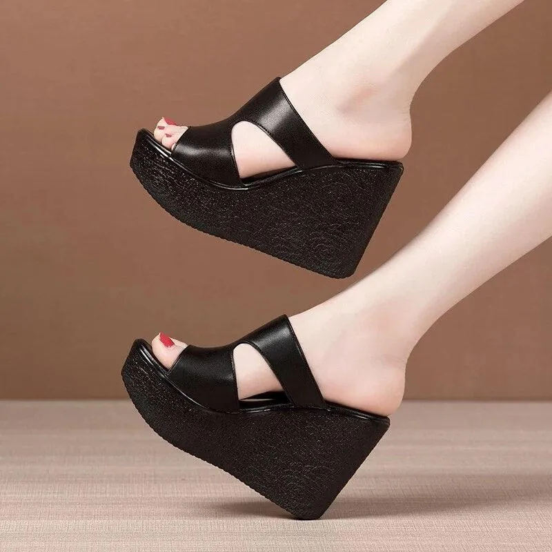 Leather Wedge Sandals with Slip-on Design