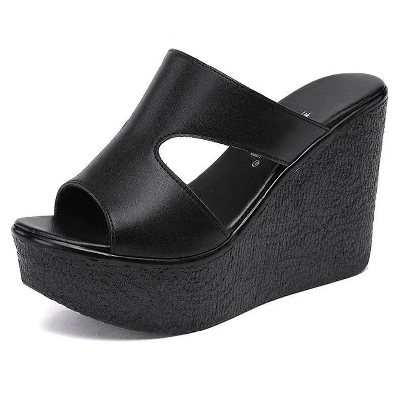 Leather Wedge Sandals with Slip-on Design