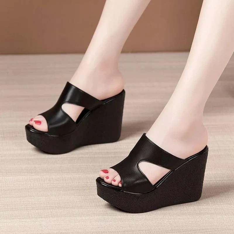 Leather Wedge Sandals with Slip-on Design