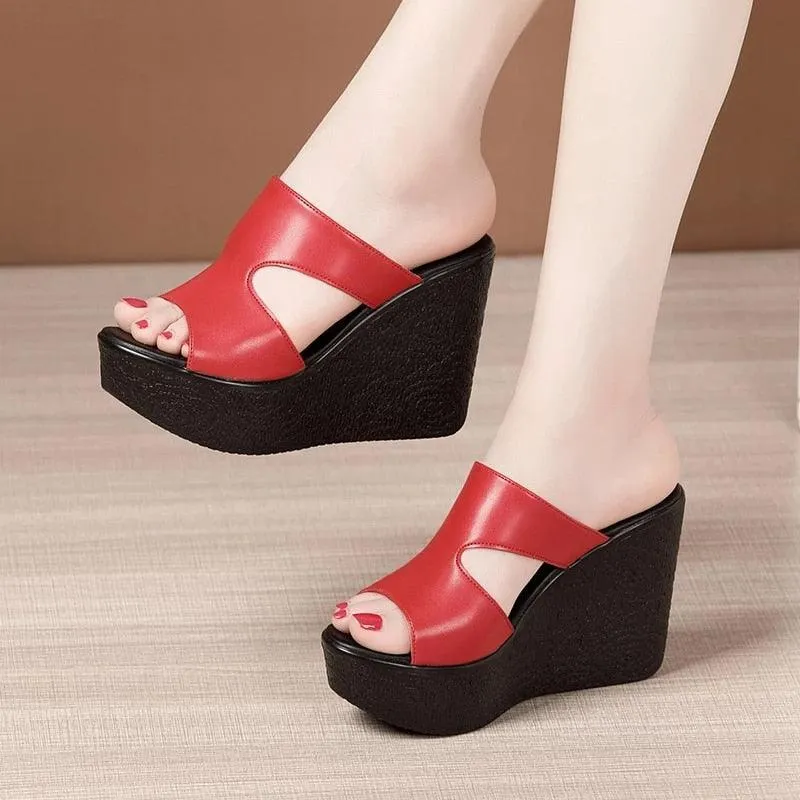 Leather Wedge Sandals with Slip-on Design