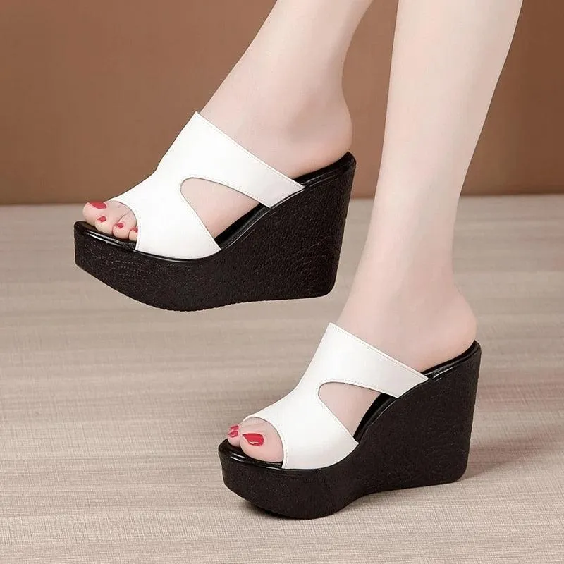 Leather Wedge Sandals with Slip-on Design