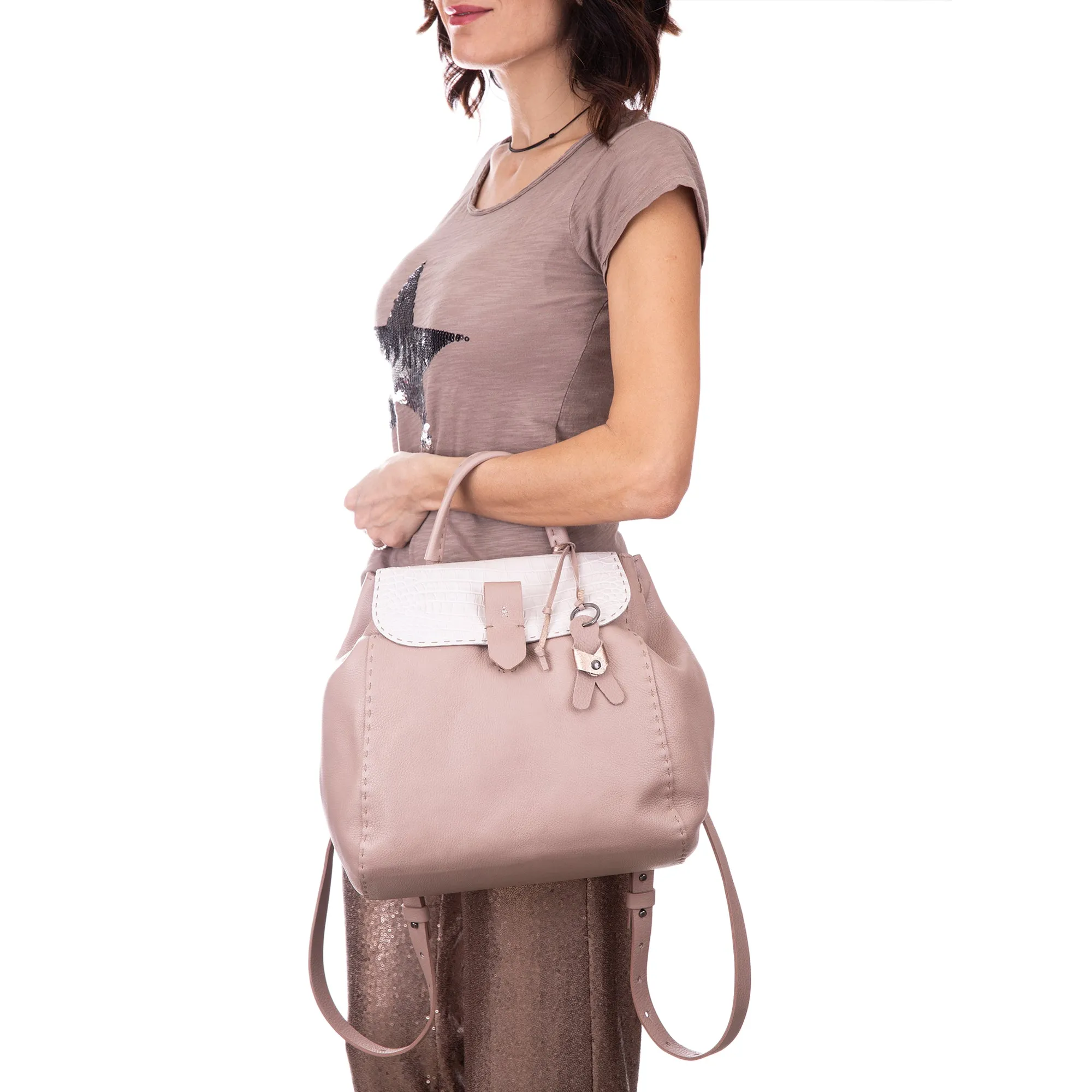 Lia Backpack Large Cervo Pink with Printed Croco